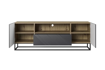 TV stolík Asha 167 cm na čiernom podstavci s otvorenou policou - artisan / rivier stone mat TV skrinka Asha 167 cm z szuflada i metalowym stelazem - artisan / rivier stone mat