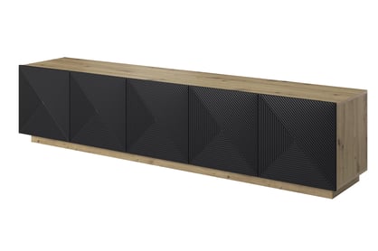 Asha RTV szekrény 200 cm, ötajtós, bordázott előlap - artisan / fekete matt