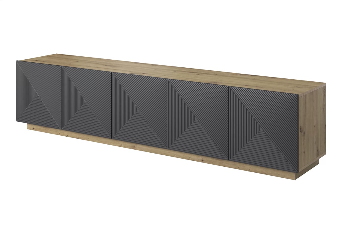 TV stolík Asha 200 cm na sokli - artisan / rivier stone mat TV skrinka Asha 200 cm pieciodrzwiowa s frézovaným frontom - artisan / rivier stone mat