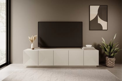 Comodă TV Asha 200 cm, cu cinci uși și partea frontală cu riflaj – culoare cashmere Dulap TV Asha 200 cm pieciodrzwiowa z ryflowanym frontem - cașmir