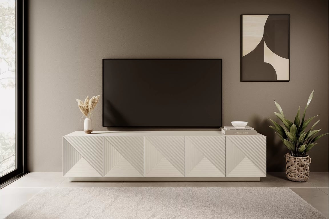 Comodă TV Asha 200 cm, cu cinci uși și partea frontală cu riflaj – culoare cashmere Dulap TV Asha 200 cm pieciodrzwiowa z ryflowanym frontem - cașmir