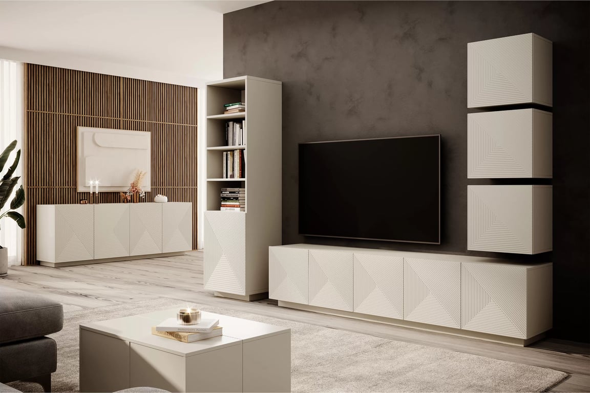 Comodă TV Asha 200 cm, cu cinci uși și partea frontală cu riflaj – culoare cashmere Dulap TV Asha 200 cm pieciodrzwiowa z ryflowanym frontem - cașmir