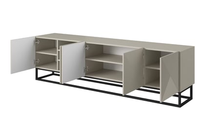 Comodă TV Asha 200 cm cu partea frontală striat și cadru metalic negru – bej cashmere Dulap TV Asha 200 cm ryflowany partea frontală i metalowym, czarnym stelazem - cașmir