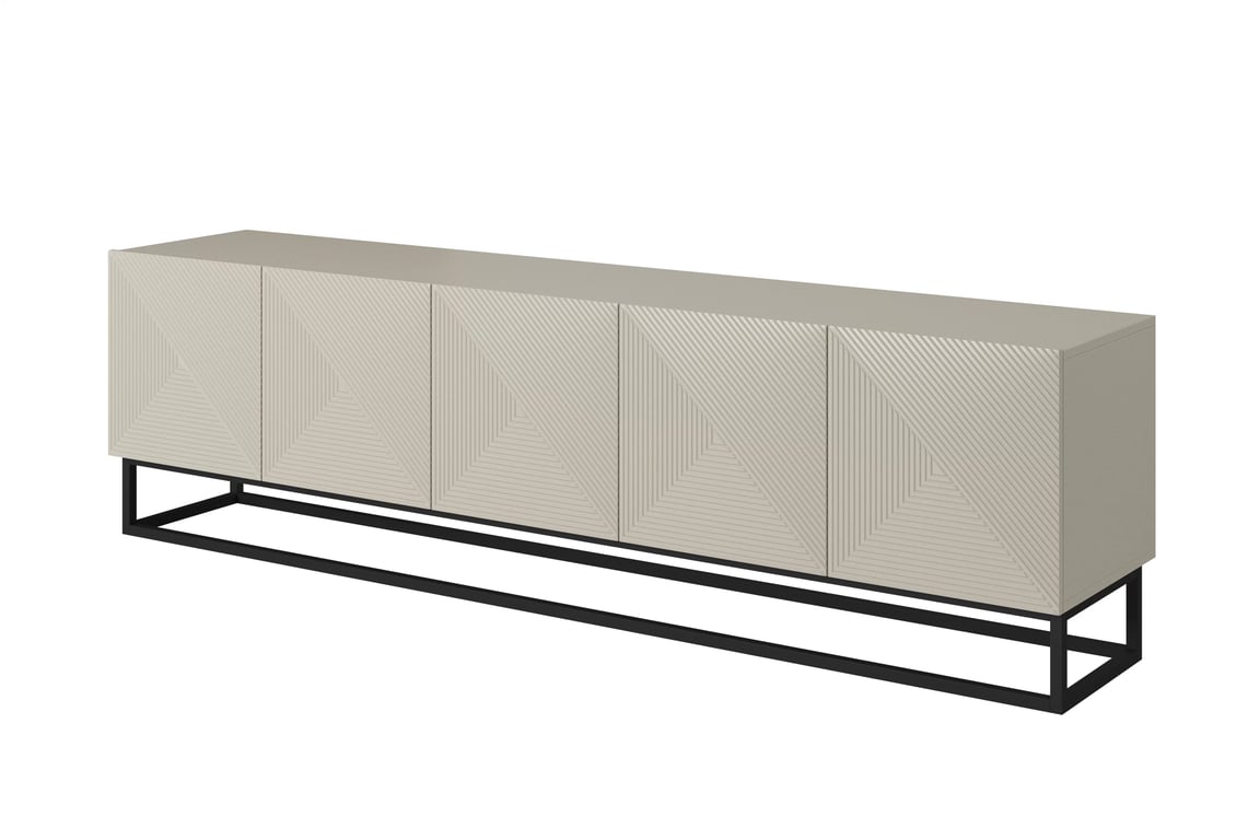 Comodă TV Asha 200 cm cu partea frontală striat și cadru metalic negru – bej cashmere Dulap TV Asha 200 cm ryflowany partea frontală i metalowym, czarnym stelazem - cașmir