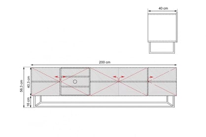 Závesná TV skrinka Asha 200 cm s ryhovaným čelom a otvorenou poličkou – čierny mat TV skrinka Asha 200 cm s frézovaným frontom i metalowym, čiernym stelazem - artisan / rivier stone mat