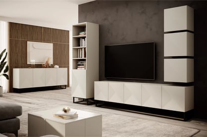 Comodă TV Asha 200 cm cu partea frontală striat și cadru metalic negru – bej cashmere Dulap TV Asha 200 cm z ryflowanym frontem i metalowym, czarnym stelazem - cașmir