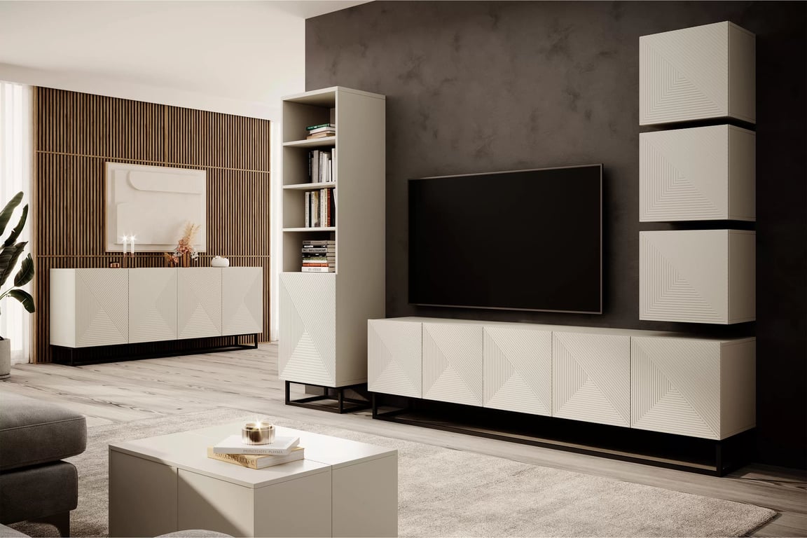 Comodă TV Asha 200 cm cu partea frontală striat și cadru metalic negru – bej cashmere Dulap TV Asha 200 cm z ryflowanym frontem i metalowym, czarnym stelazem - cașmir