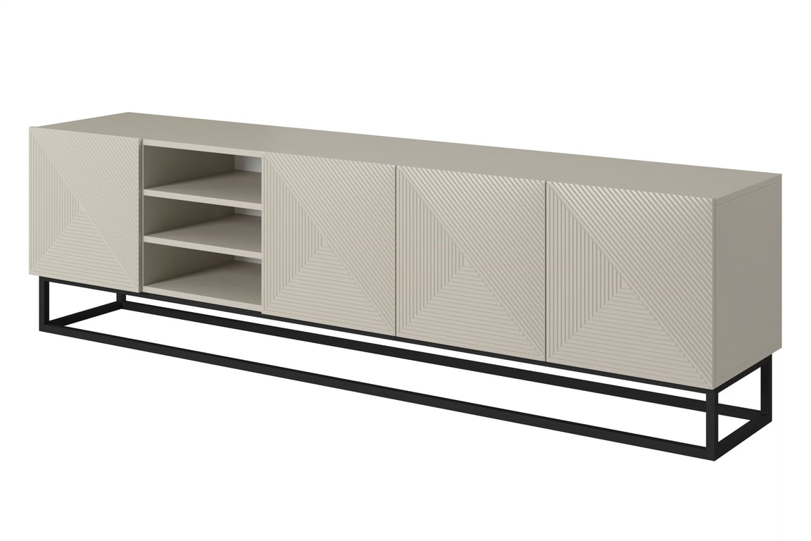 Comodă TV Asha 200 cm cu riflaj, nișă și cadru metalic negru – culoare cashmere Dulap TV Asha ryflowana z wneka i metalowym, czarnym stelazem 200 cm - cașmir