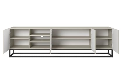 Comodă TV Asha 200 cm cu riflaj, nișă și cadru metalic negru – culoare cashmere Dulap TV Asha ryflowana z wneka i metalowym, czarnym stelazem 200 cm - cașmir
