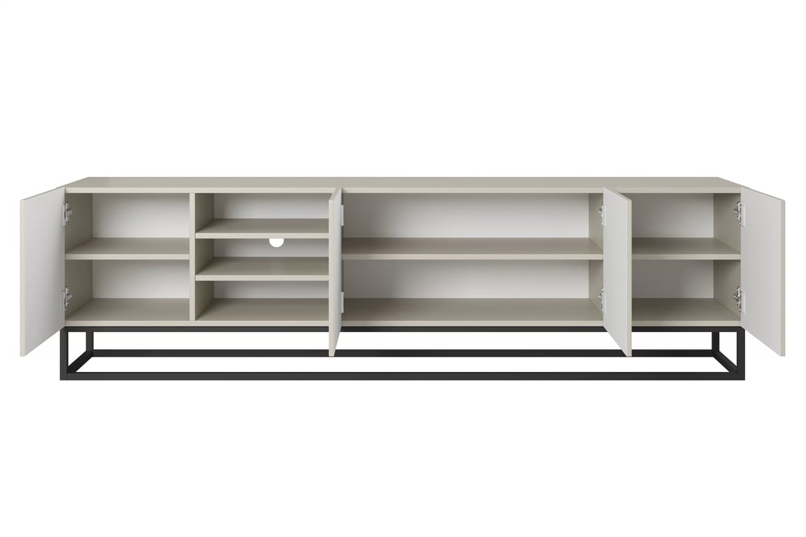 Comodă TV Asha 200 cm cu riflaj, nișă și cadru metalic negru – culoare cashmere Dulap TV Asha ryflowana z wneka i metalowym, czarnym stelazem 200 cm - cașmir