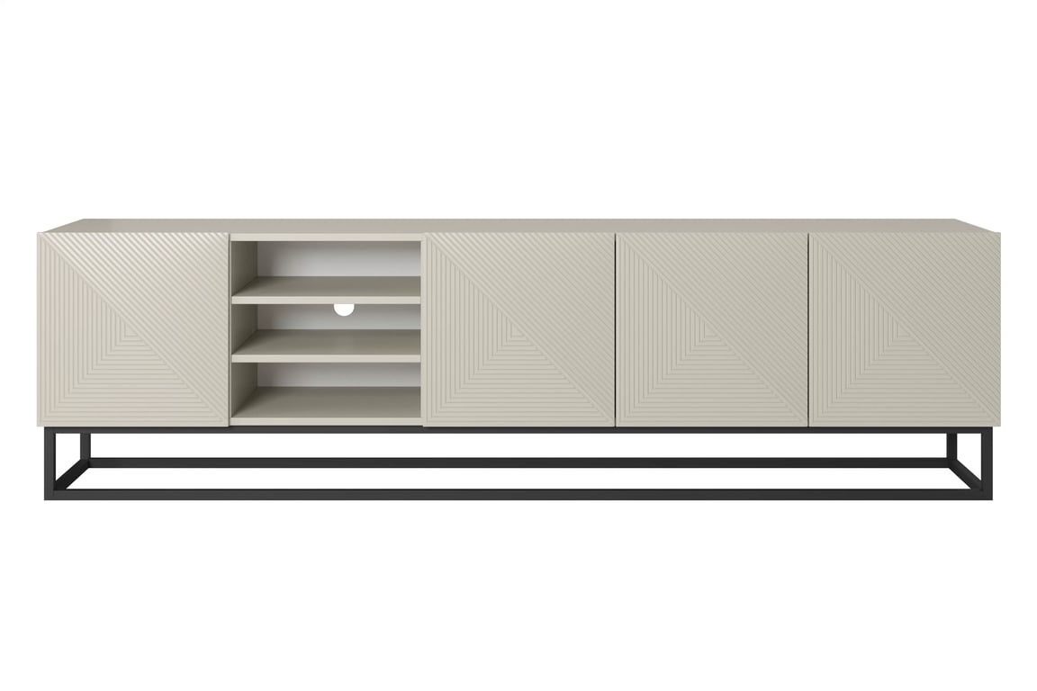 Comodă TV Asha 200 cm cu riflaj, nișă și cadru metalic negru – culoare cashmere Dulap TV Asha ryflowana z wneka i metalowym, czarnym stelazem 200 cm - cașmir