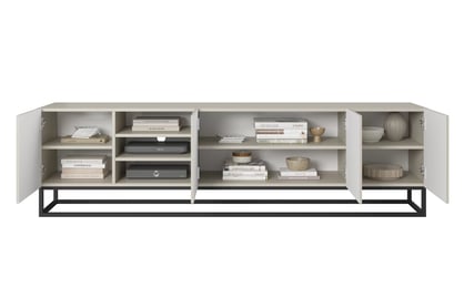 Comodă TV Asha 200 cm cu riflaj, nișă și cadru metalic negru – culoare cashmere Dulap TV Asha ryflowana z wneka i metalowym, czarnym stelazem 200 cm - cașmir