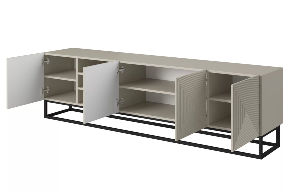Comodă TV Asha 200 cm cu riflaj, nișă și cadru metalic negru – culoare cashmere Dulap TV Asha ryflowana z wneka i metalowym, czarnym stelazem 200 cm - cașmir