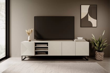 Comodă TV Asha 200 cm cu riflaj, nișă și cadru metalic negru – culoare cashmere Dulap TV Asha ryflowana z wneka i metalowym, czarnym stelazem 200 cm - cașmir