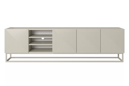 Comodă TV Asha 200 cm cu riflaj, spațiu deschis și cadru metalic cașmir Dulap TV Asha ryflowana z wneka i metalowym, kaszmirowym stelazem 200 cm - cașmir