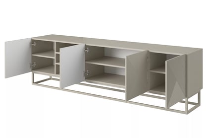 Comodă TV Asha 200 cm cu riflaj, spațiu deschis și cadru metalic cașmir Dulap TV Asha ryflowana z wneka i metalowym, kaszmirowym stelazem 200 cm - cașmir