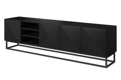 Comodă TV Asha 200 cm, cu fronturi riflate, spațiu deschis și cadru metalic – negru mat
