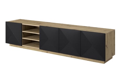 Asha TV-szekrény 200 cm, bordázott előlap és nyitott polc - artisan / fekete matt