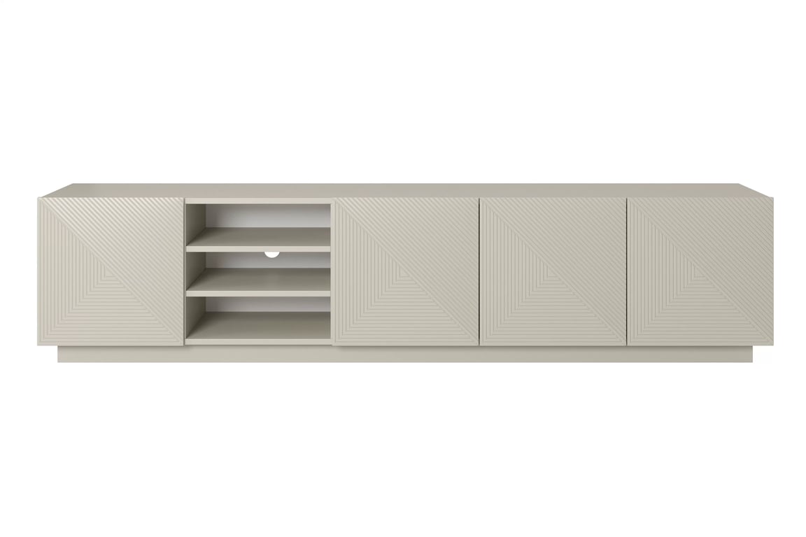 Comodă TV Asha 200 cm cu partea frontală canelat și nișă – bej cashmere Dulap TV Asha z ryflowanym frontem i wneka 200 cm - cașmir