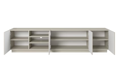 Comodă TV Asha 200 cm cu partea frontală canelat și nișă – bej cashmere Dulap TV Asha z ryflowanym frontem i wneka 200 cm - cașmir