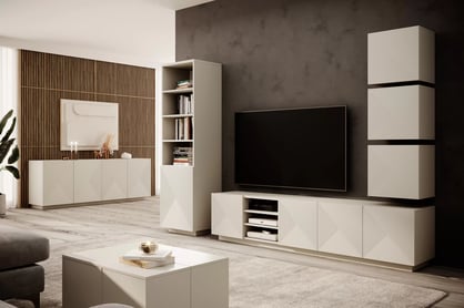 Comodă TV Asha 200 cm cu partea frontală canelat și nișă – bej cashmere Dulap TV Asha z ryflowanym frontem i wneka 200 cm - cașmir