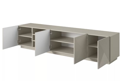 Comodă TV Asha 200 cm cu partea frontală canelat și nișă – bej cashmere Dulap TV Asha z ryflowanym frontem i wneka 200 cm - cașmir