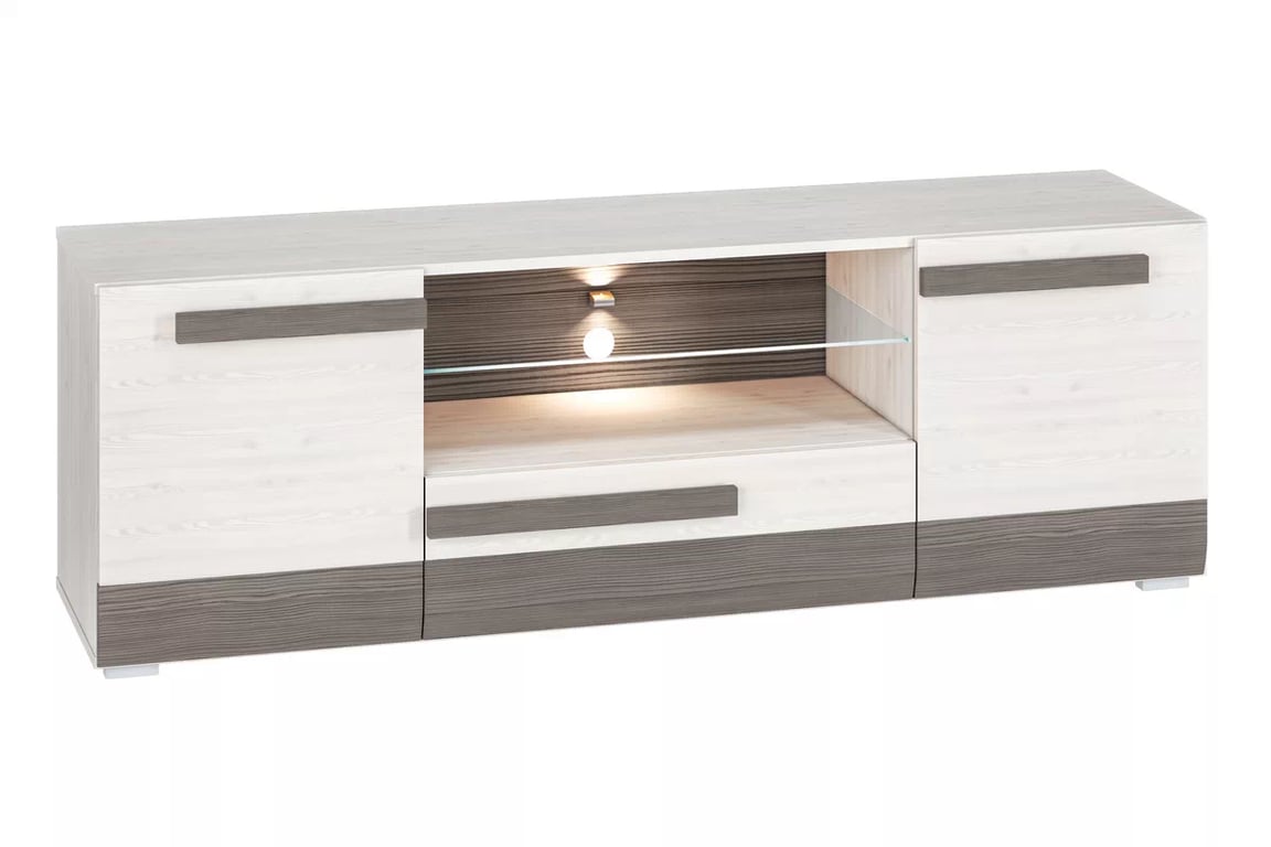Comodă TV Tonemo 09, 165 cm cu sertar - pin de zăpadă / new grey Dulap TV Blanco 09 cu sertar i wnekami 165 cm - pin sniezna / new grey