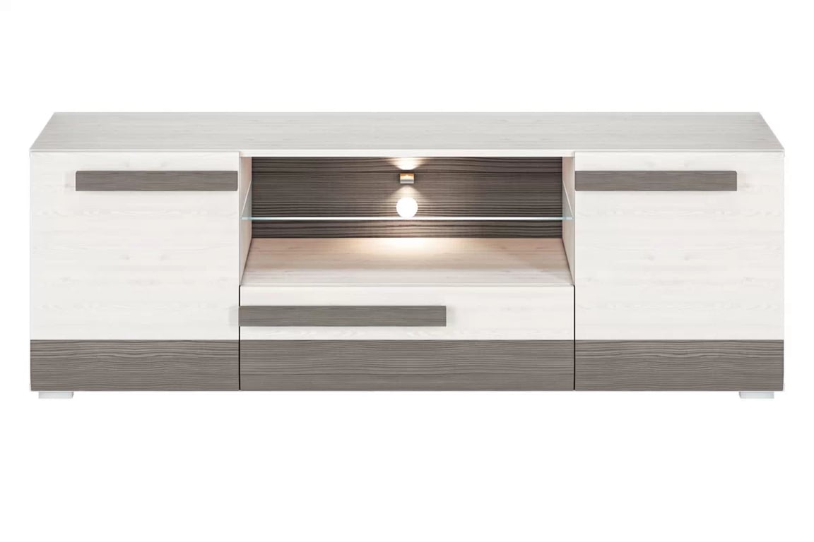 Comodă TV Tonemo 09, 165 cm cu sertar - pin de zăpadă / new grey Dulap TV Blanco 09 cu sertar i wnekami 165 cm - pin sniezna / new grey