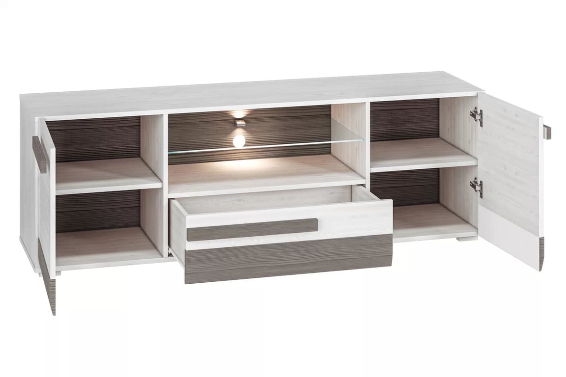 Comodă TV Tonemo 09, 165 cm cu sertar - pin de zăpadă / new grey Dulap TV Blanco 09 cu sertar i wnekami 165 cm - pin sniezna / new grey