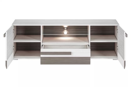 Comodă TV Tonemo 09, 165 cm cu sertar - pin de zăpadă / new grey Dulap TV Blanco 09 cu sertar i wnekami 165 cm - pin sniezna / new grey