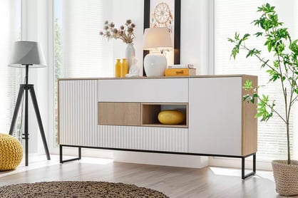 Bliwon TV-szekrény 197 cm fiókokkal - skandináv halszálka / fehér matt TV-szekrény Bliwon F01 fiokokkal 197 cm - jodelka scandi / fehér mat