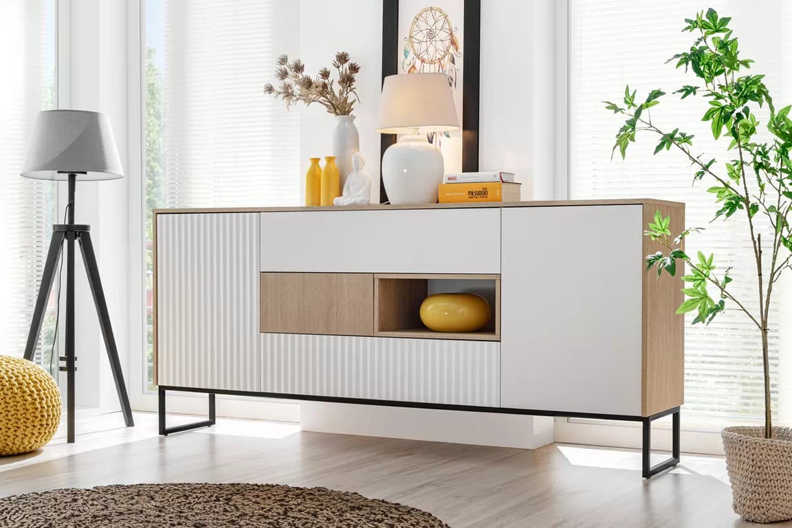 Bliwon TV-szekrény 197 cm fiókokkal - skandináv halszálka / fehér matt TV-szekrény Bliwon F01 fiokokkal 197 cm - jodelka scandi / fehér mat