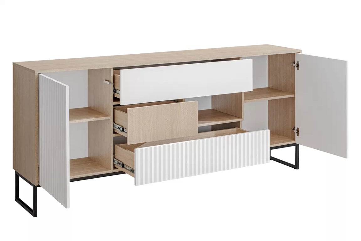 Bliwon TV-szekrény 197 cm fiókokkal - skandináv halszálka / fehér matt TV-szekrény Bliwon F01 fiokokkal 197 cm - jodelka scandi / fehér mat