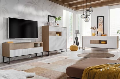 Bliwon TV-szekrény 197 cm fiókokkal - skandináv halszálka / fehér matt TV-szekrény Bliwon F01 fiokokkal 197 cm - jodelka scandi / fehér mat
