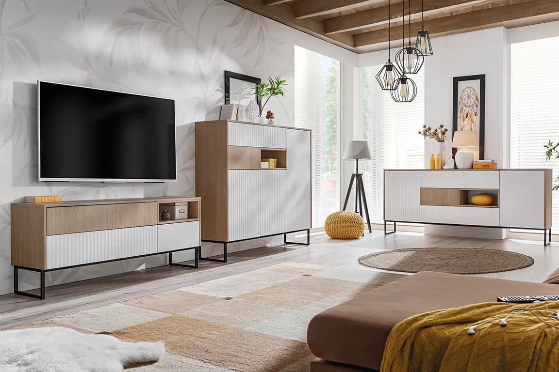 Bliwon TV-szekrény 197 cm fiókokkal - skandináv halszálka / fehér matt TV-szekrény Bliwon F01 fiokokkal 197 cm - jodelka scandi / fehér mat