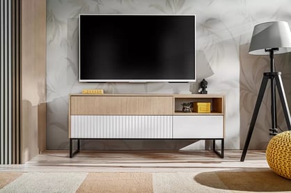 Bliwon TV-szekrény 148 cm fiókokkal - skandináv halszálka / fehér matt TV-szekrény Bliwon F02 fiokokkal 148 cm - jodelka scandi / fehér mat
