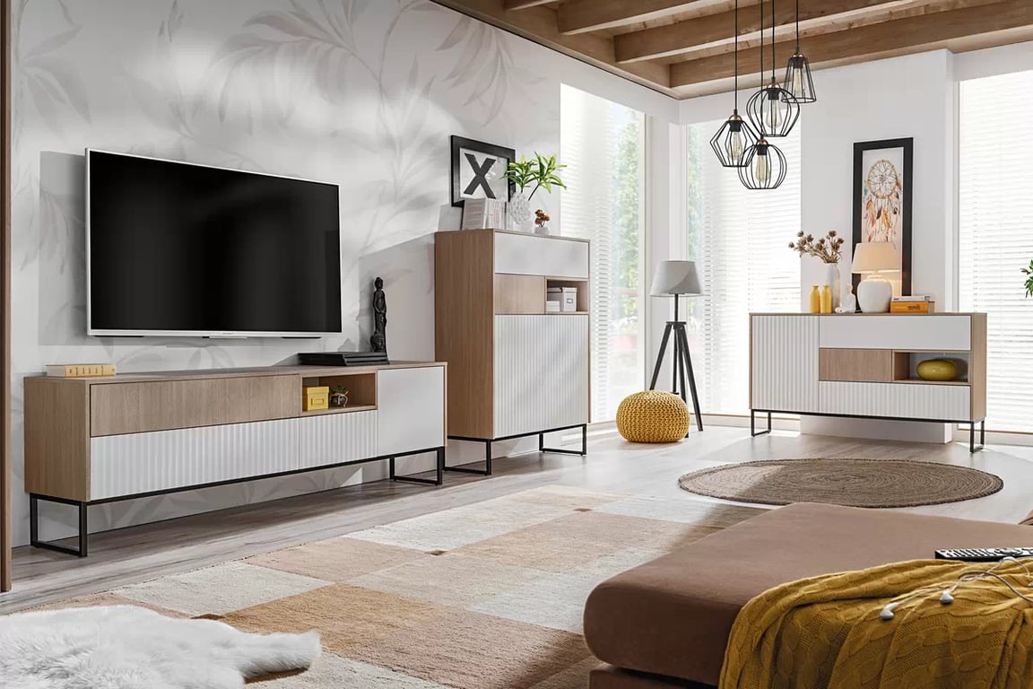 Bliwon TV-szekrény 197 cm fiókokkal - skandináv halszálka / fehér matt TV-szekrény Bliwon F03 fiokokkal 197 cm - jodelka scandi / fehér mat