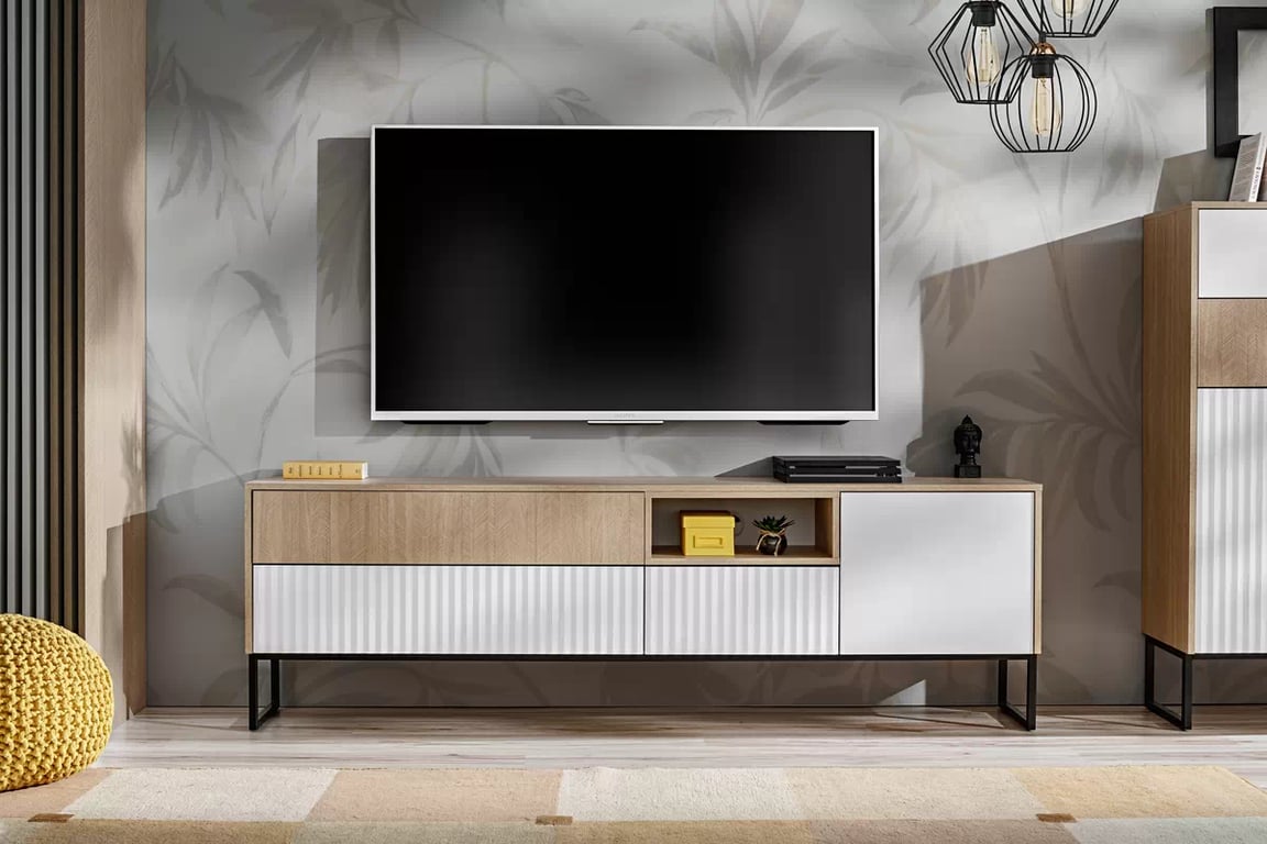 Bliwon TV-szekrény 197 cm fiókokkal - skandináv halszálka / fehér matt TV-szekrény Bliwon F03 fiokokkal 197 cm - jodelka scandi / fehér mat