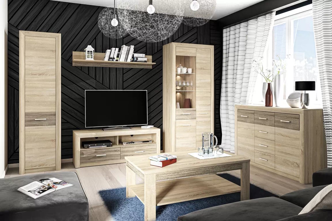 TV stolík Mogazi 13 so zásuvkami a otvorenými priehradkami 138 cm - dub sonoma svetlý / dub sonoma truflový TV skrinka Castel 13 so zásuvkami i wnekami 138 cm - Svetlá  sonoma/ sonoma truflowa