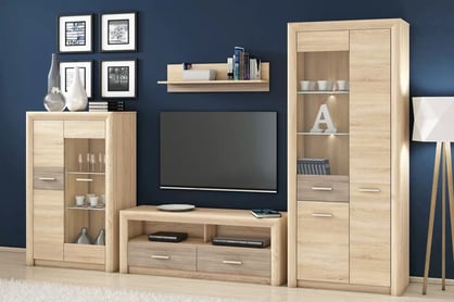 TV stolík Mogazi 13 so zásuvkami a otvorenými priehradkami 138 cm - dub sonoma svetlý / dub sonoma truflový TV skrinka Castel 13 so zásuvkami i wnekami 138 cm - Svetlá  sonoma/ sonoma truflowa