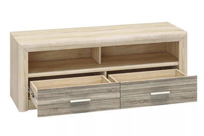 TV stolík Mogazi 13 so zásuvkami a otvorenými priehradkami 138 cm - dub sonoma svetlý / dub sonoma truflový TV skrinka Castel 13 so zásuvkami i wnekami 138 cm - Svetlá  sonoma/ sonoma truflowa