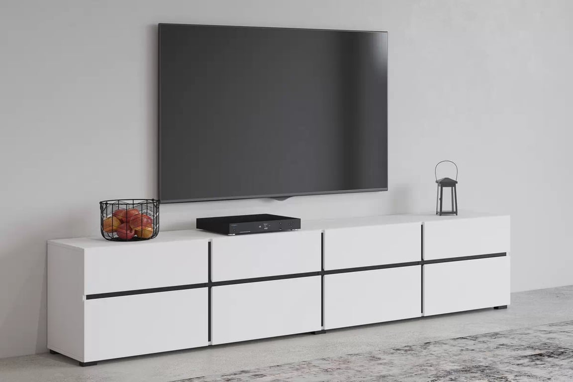TV stolek Gramon 225 cm se zásuvkami - bílá / černá Skříňka RTV Cross 40 s zásuvkami 225 cm - bílý / černý