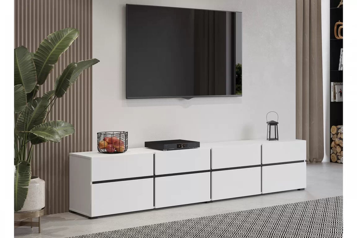 TV stolek Gramon 225 cm se zásuvkami - bílá / černá Skříňka RTV Cross 40 s zásuvkami 225 cm - bílý / černý