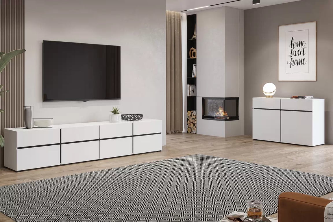 TV stolek Gramon 225 cm se zásuvkami - bílá / černá Skříňka RTV Cross 40 s zásuvkami 225 cm - bílý / černý