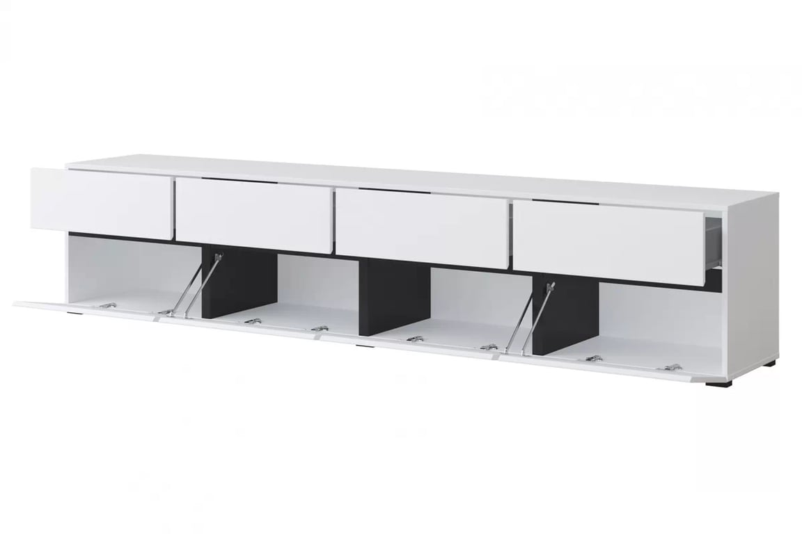 TV stolek Gramon 225 cm se zásuvkami - bílá / černá Skříňka RTV Cross 40 s zásuvkami 225 cm - bílý / černý