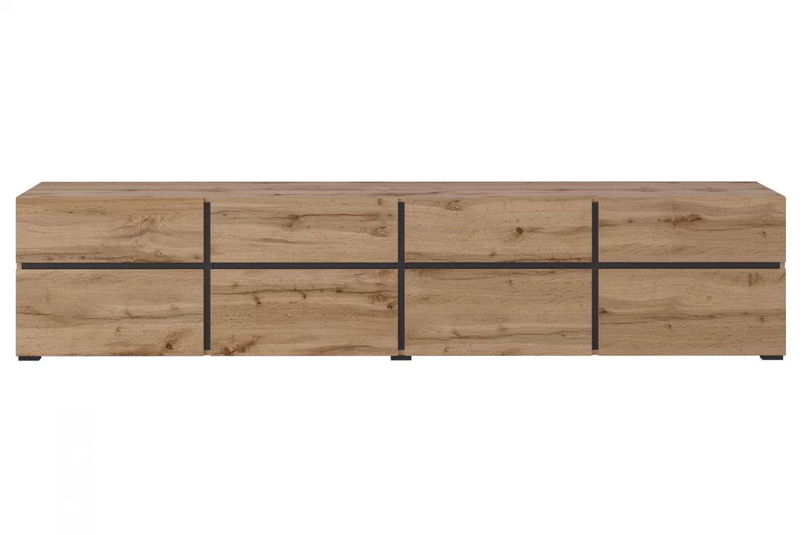 TV stolek Gramon 225 cm se zásuvkami - dub wotan / černá Skříňka RTV Cross 40 s zásuvkami 225 cm - Dub wotan / Černý