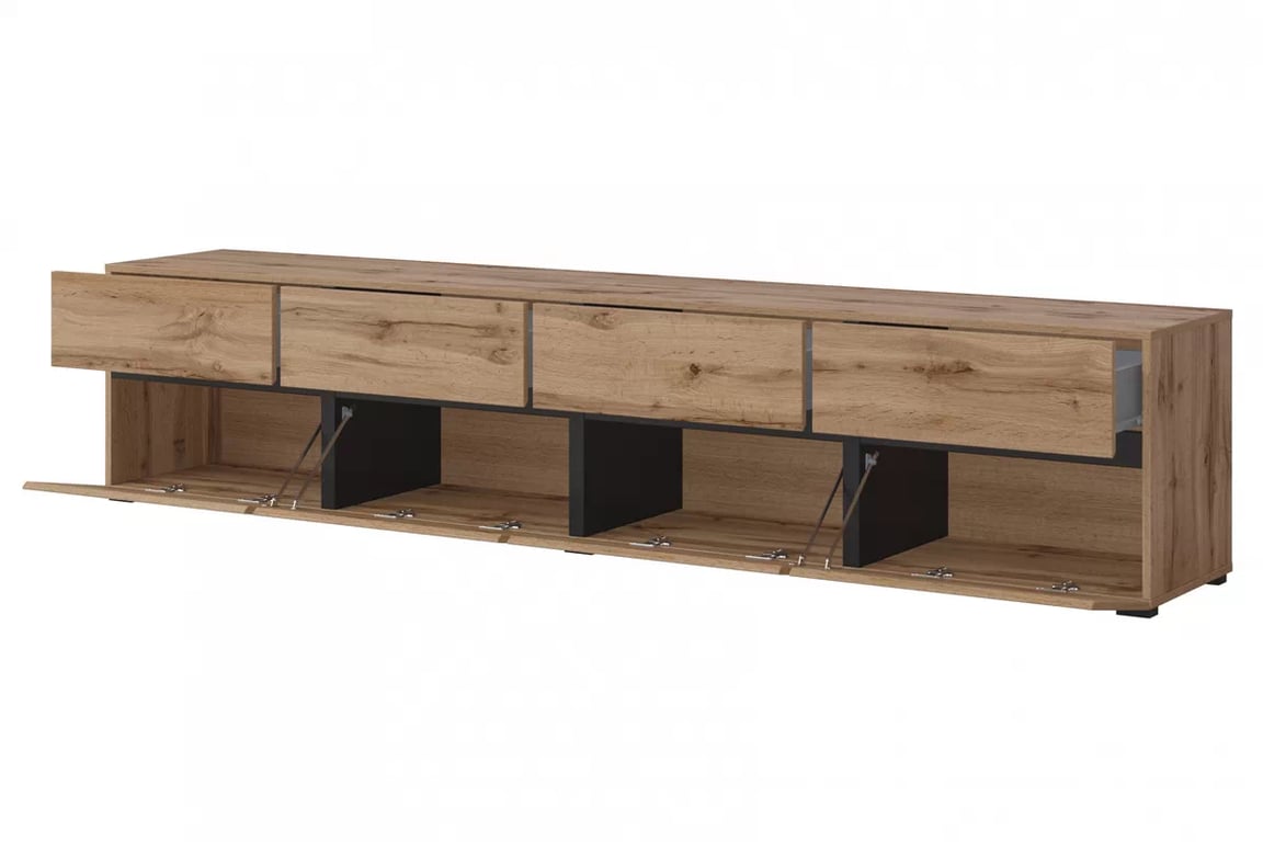 TV stolek Gramon 225 cm se zásuvkami - dub wotan / černá Skříňka RTV Cross 40 s zásuvkami 225 cm - Dub wotan / Černý