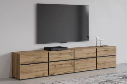 TV stolek Gramon 225 cm se zásuvkami - dub wotan / černá Skříňka RTV Cross 40 s zásuvkami 225 cm - Dub wotan / Černý