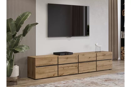 TV stolek Gramon 225 cm se zásuvkami - dub wotan / černá Skříňka RTV Cross 40 s zásuvkami 225 cm - Dub wotan / Černý