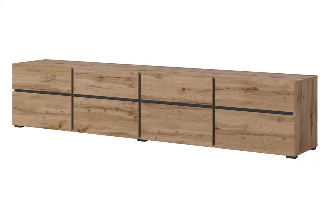 TV stolek Gramon 225 cm se zásuvkami - dub wotan / černá Skříňka RTV Cross 40 s zásuvkami 225 cm - Dub wotan / Černý